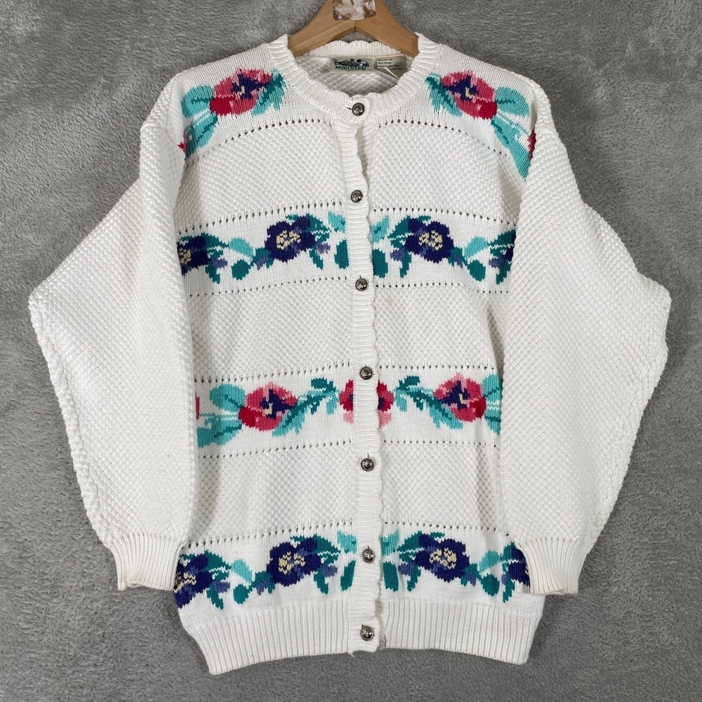 Northern Reflections Cardigan Womens Small White Cotton Floral Knit Vintage